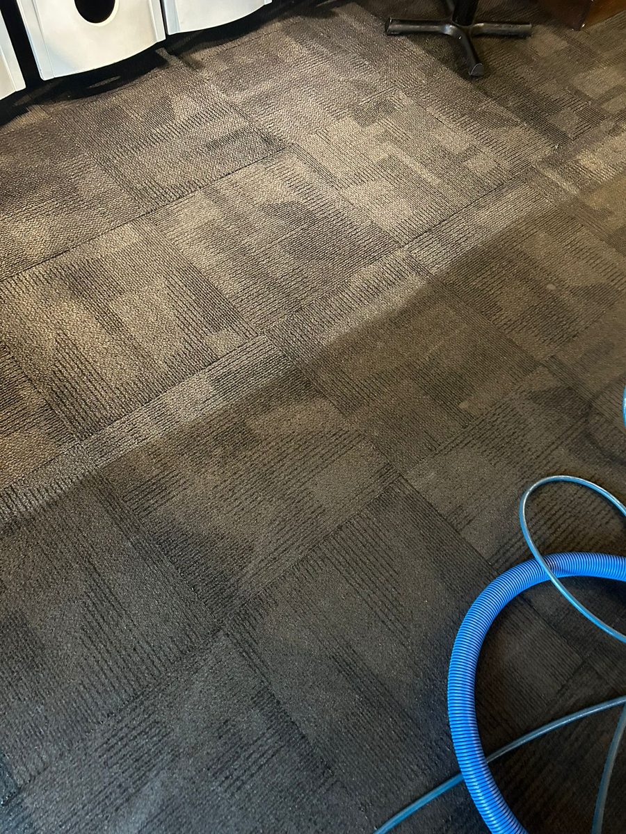 Dark commercial carpet tiles with a clear diagonal line between the cleaned lighter section and the uncleaned darker section