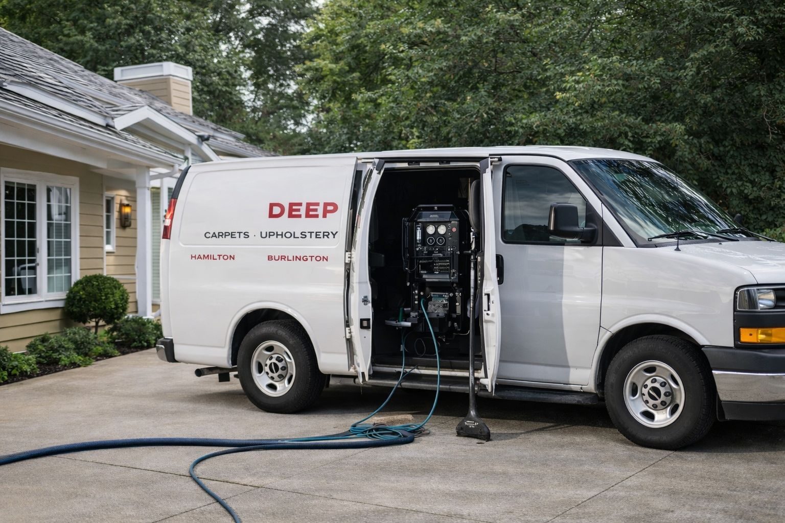 DeepSteam.ca van parked in a residential driveway with the side door open, showing the truck-mounted steam cleaning unit and the hose and wand laid out
